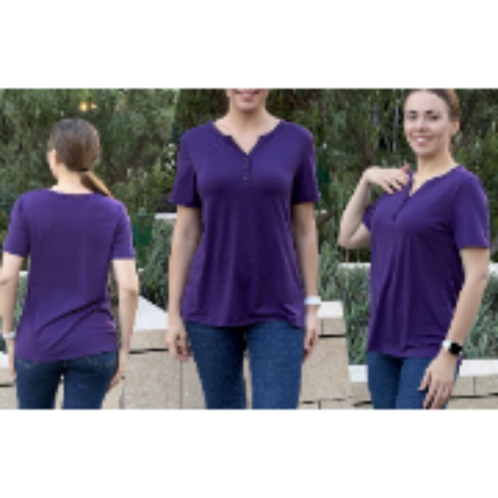 Polyester Spandex Short Sleeve Henley Neck Blouse Casual Dressy Top - Picture 7 of 7